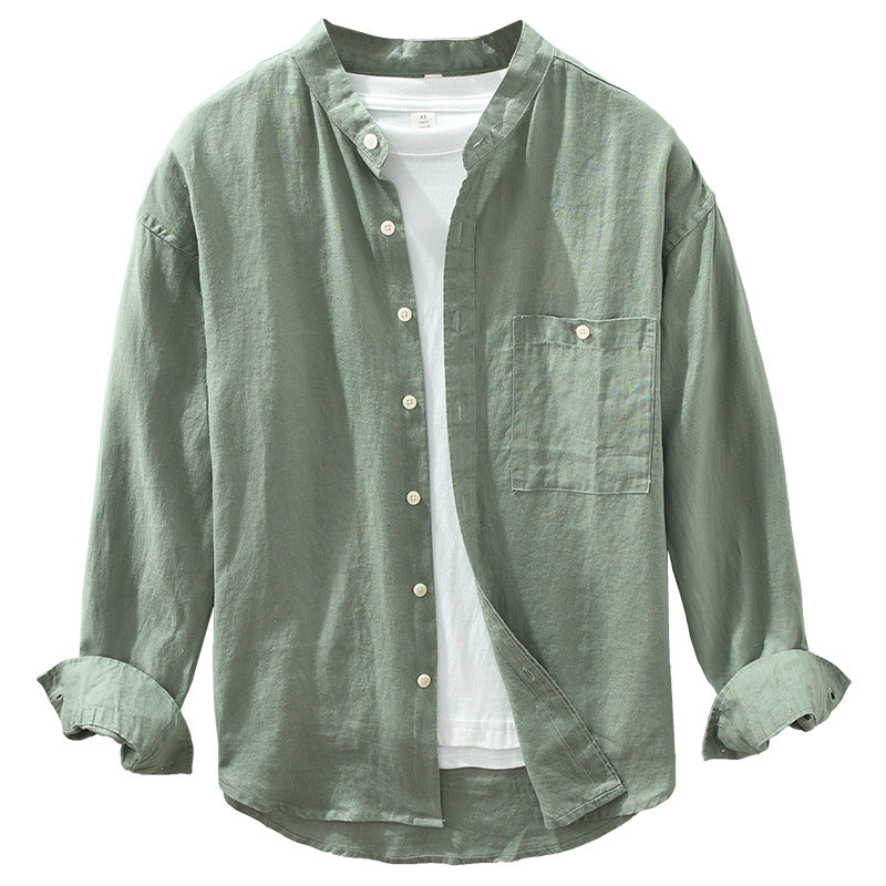 Stand Collar Long-Sleeve Linen Shirt – Casual & Loose Fit