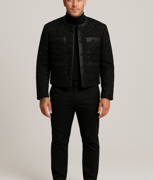 MEN'S SEQUIN-TRIMMED LEATHER COAT