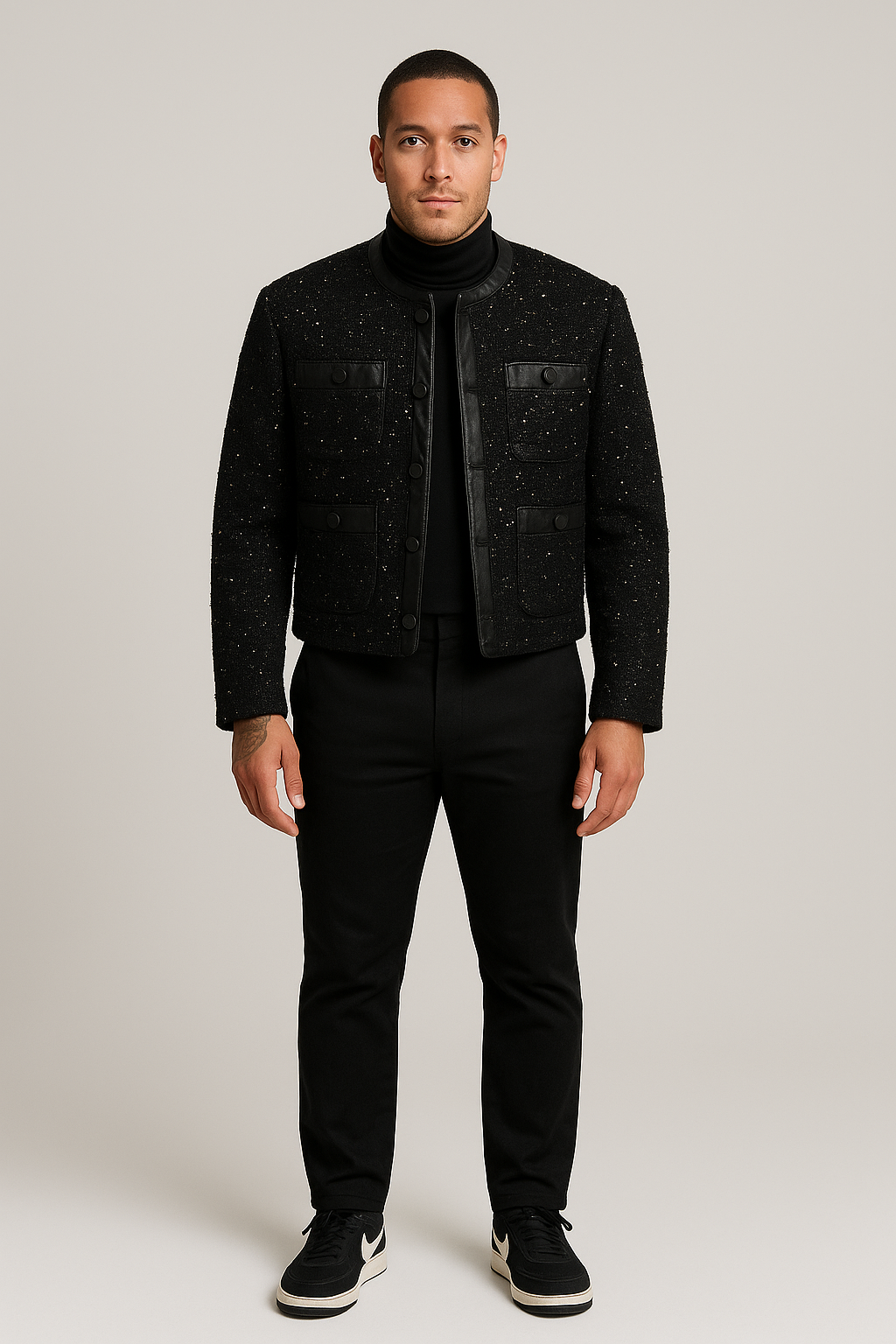 MEN'S SEQUIN-TRIMMED LEATHER COAT