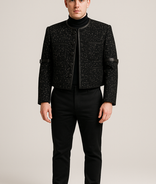 MEN'S SEQUIN-TRIMMED LEATHER COAT