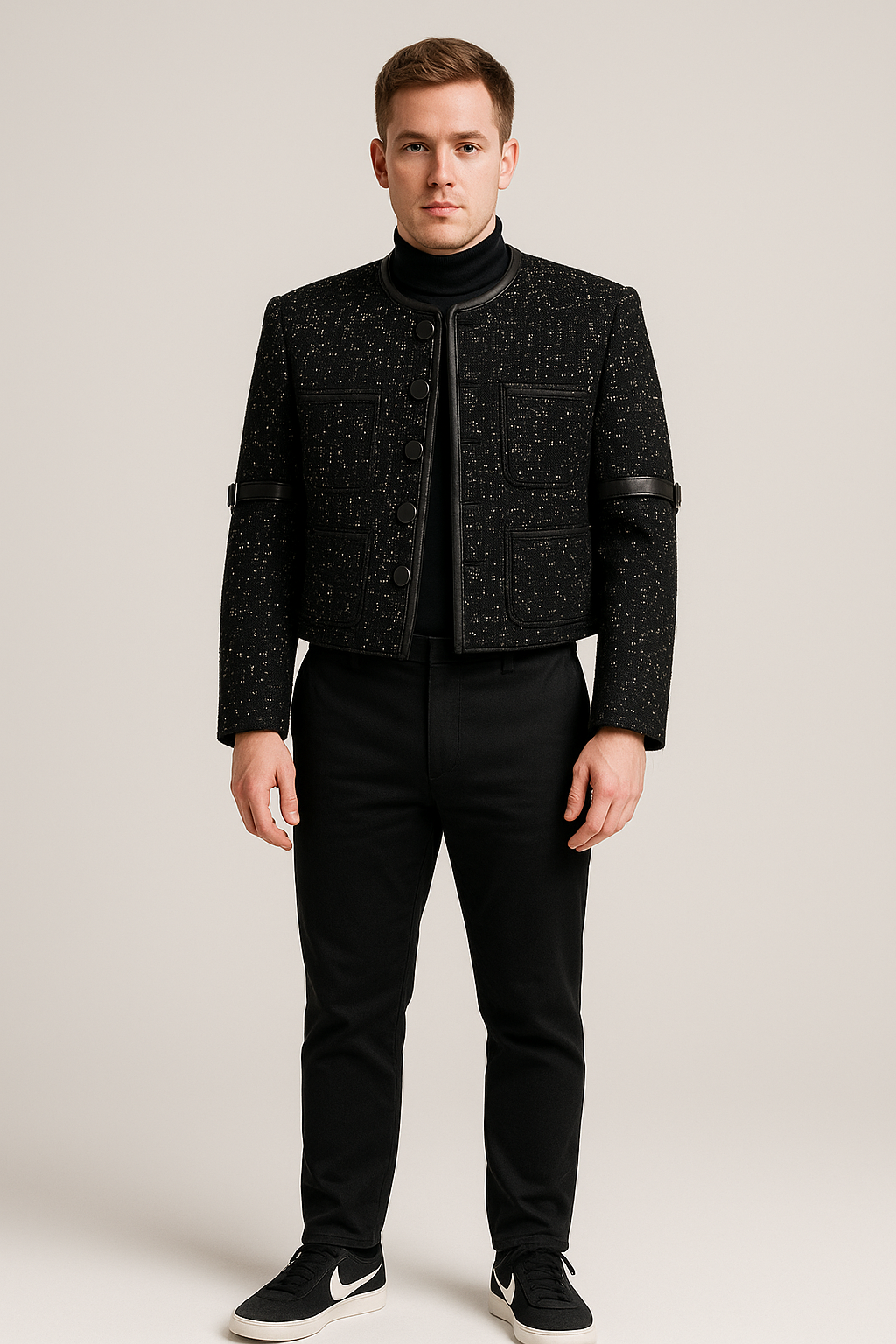 MEN'S SEQUIN-TRIMMED LEATHER COAT
