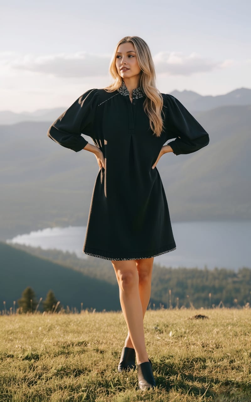 Umgee French Terry Balloon Sleeve Shift Dress