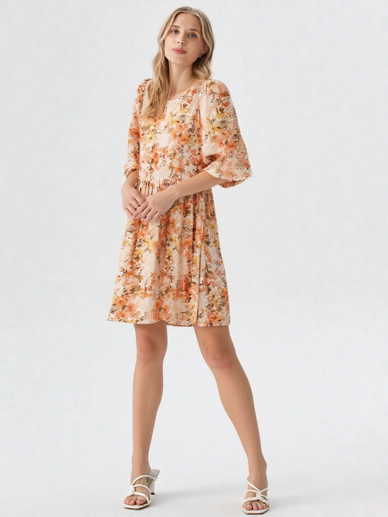 Mittoshop Flower Print Linen Blend Babydoll Mini Dress