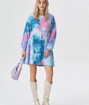 Umgee Full Size Tie Dye Round Neck Long Sleeve Babydoll Tiered Dress Plus Size