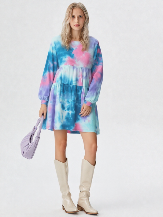 Umgee Full Size Tie Dye Round Neck Long Sleeve Babydoll Tiered Dress Plus Size