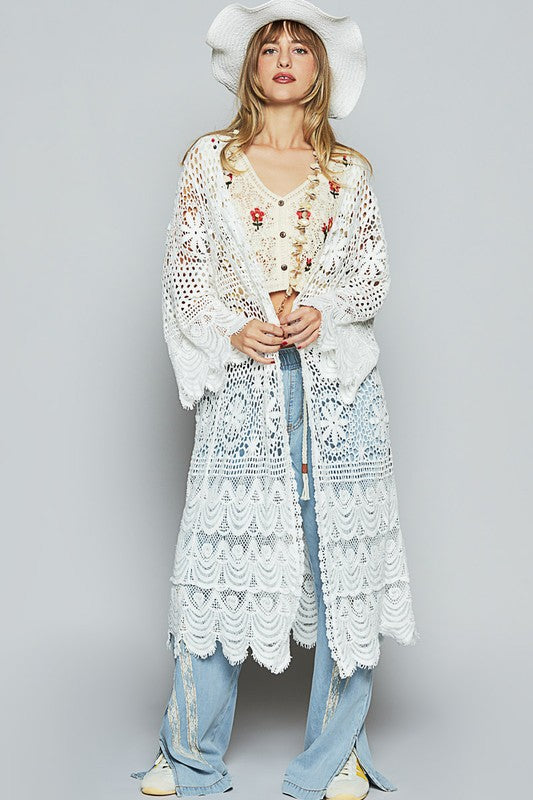 POL Crochet Open Front Long Sleeve Longline Cardigan