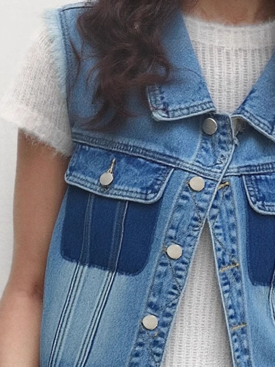 Raw Hem Pocketed Contrast Sleeveless Denim Jacket