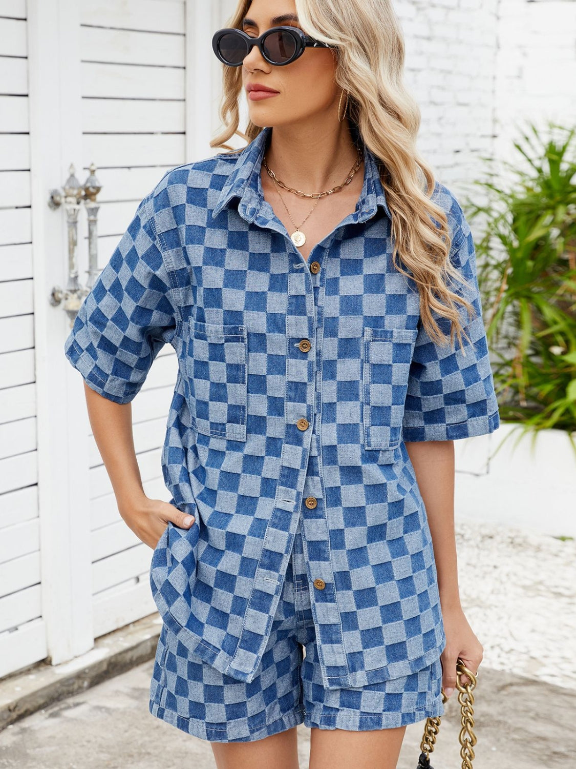 Checkered Shirt and Shorts Denim Set