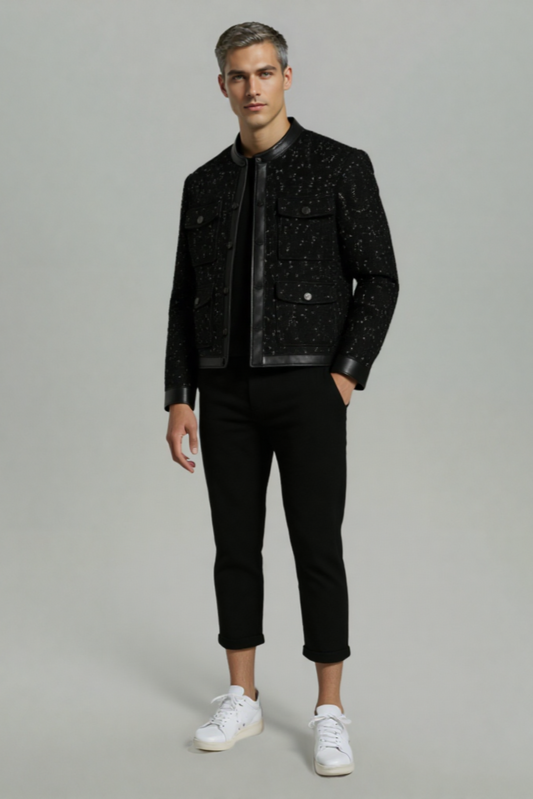 MEN'S SEQUIN-TRIMMED LEATHER COAT