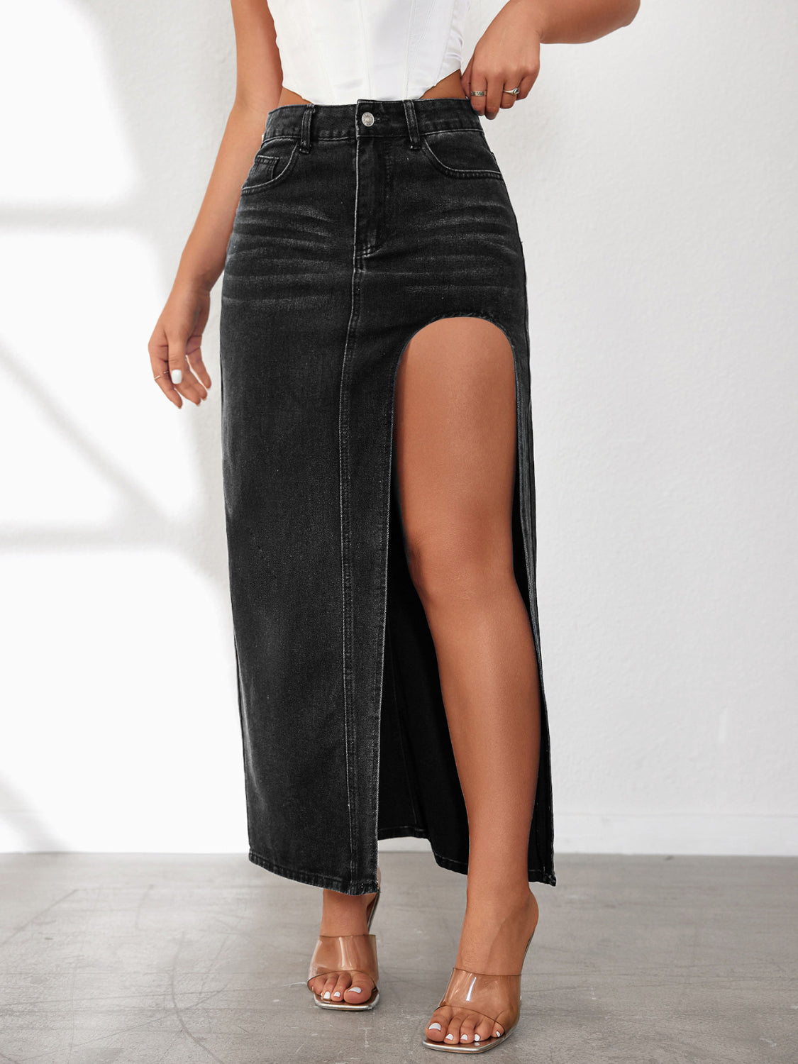 High Rise Slit Denim Skirt