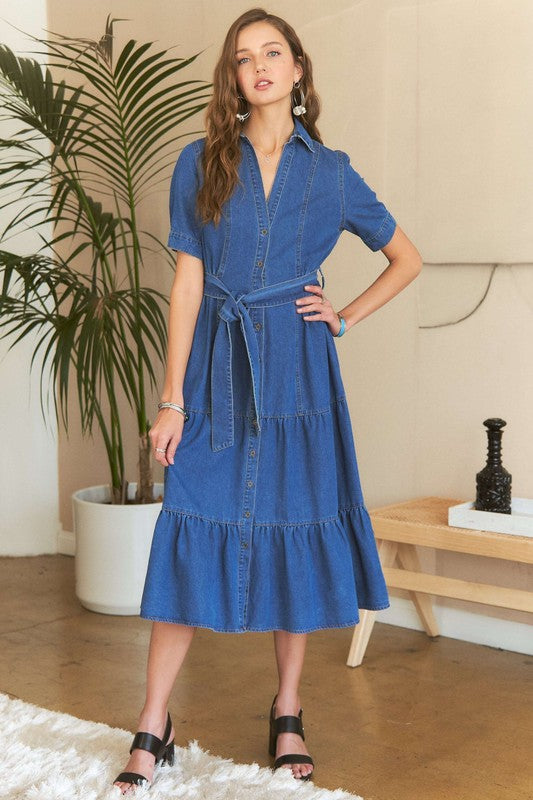 ADORA Tiered Button Down Tie Waist Short Sleeve Denim Dress