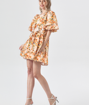 Mittoshop Flower Print Linen Blend Babydoll Mini Dress