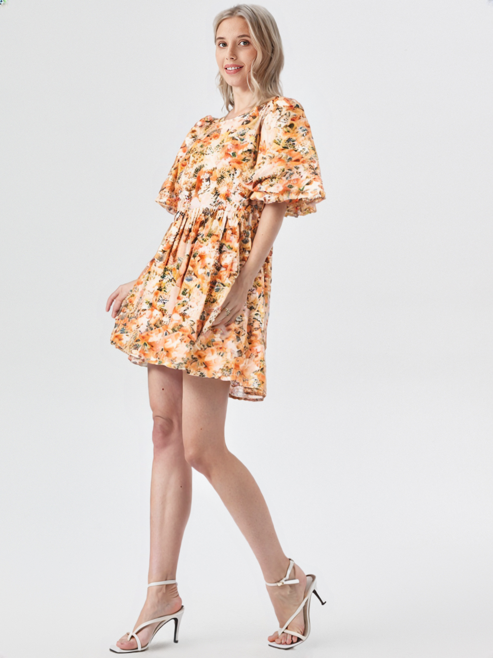 Mittoshop Flower Print Linen Blend Babydoll Mini Dress