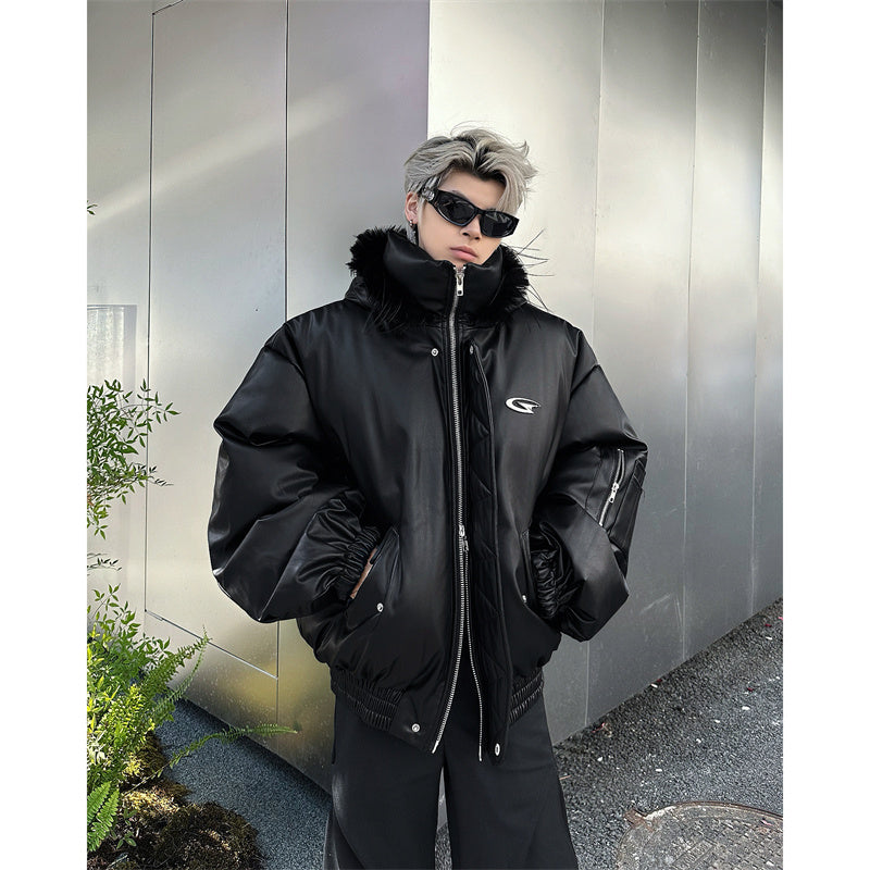 Men's Warm Loose Hooded PU Leather Cotton Coat