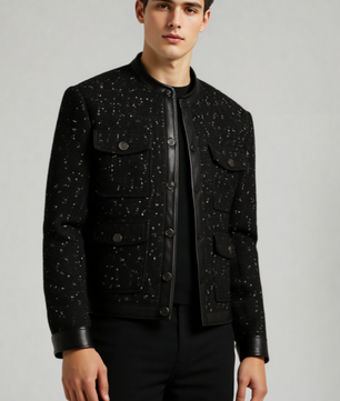 MEN'S SEQUIN-TRIMMED LEATHER COAT