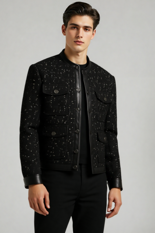 MEN'S SEQUIN-TRIMMED LEATHER COAT