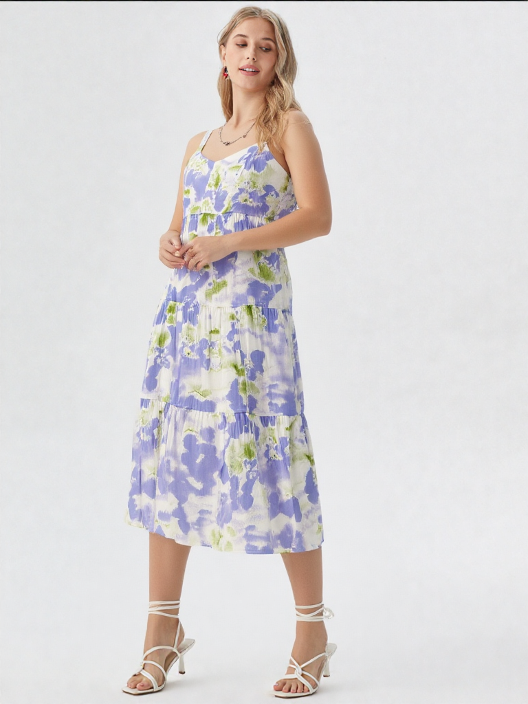Smocked Back Floral Adjustable Strap Midi Dress
