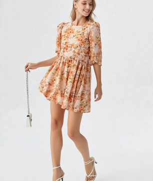 Mittoshop Flower Print Linen Blend Babydoll Mini Dress