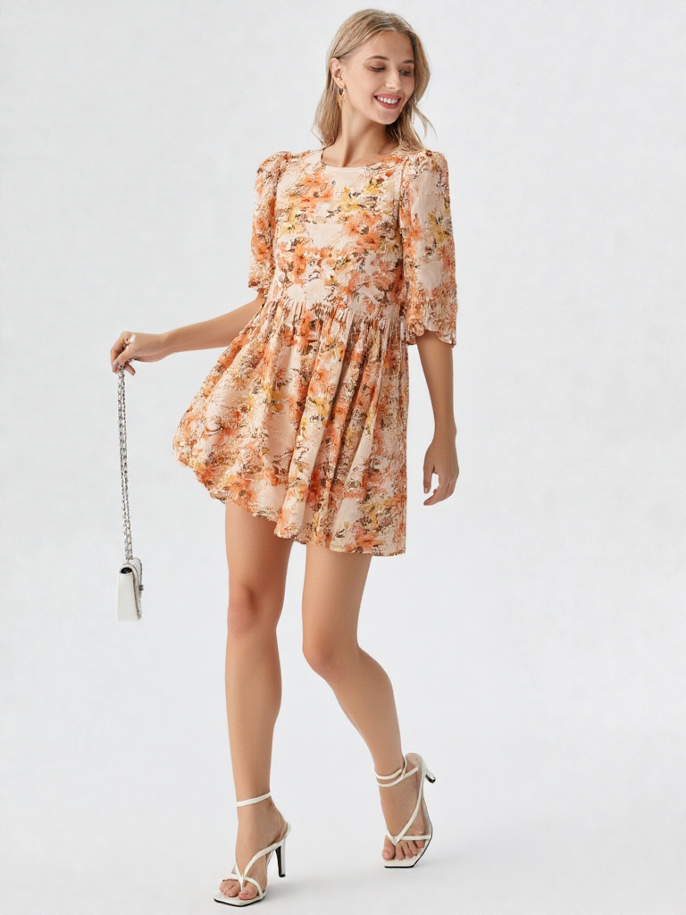 Mittoshop Flower Print Linen Blend Babydoll Mini Dress