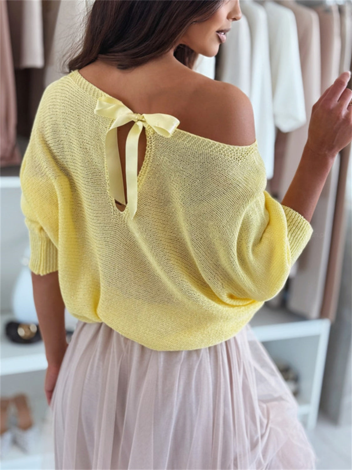 Bow Back Boat Neck Batwing Sleeve Sweater