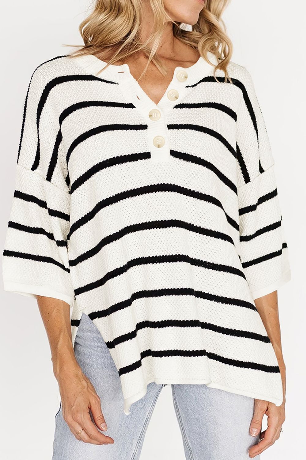 Stripe Drop Shoulder Side Slit Knit Top