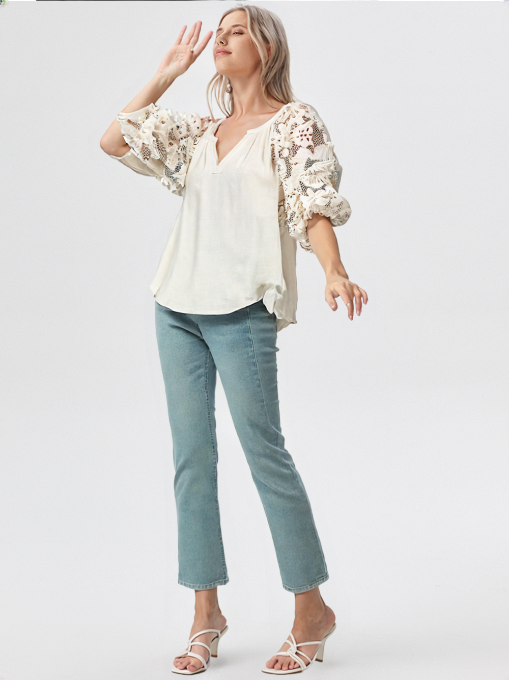 Umgee Full Size French Terry Boxy Cut Top with 3D Floral Sleeve Plus Size