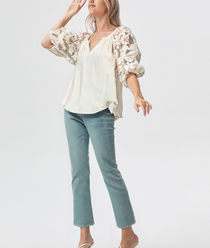 Umgee Full Size French Terry Boxy Cut Top with 3D Floral Sleeve Plus Size