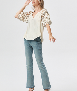 Umgee Full Size French Terry Boxy Cut Top with 3D Floral Sleeve Plus Size