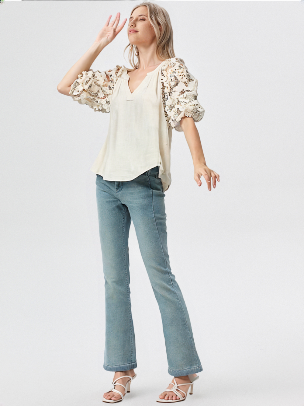 Umgee Full Size French Terry Boxy Cut Top with 3D Floral Sleeve Plus Size