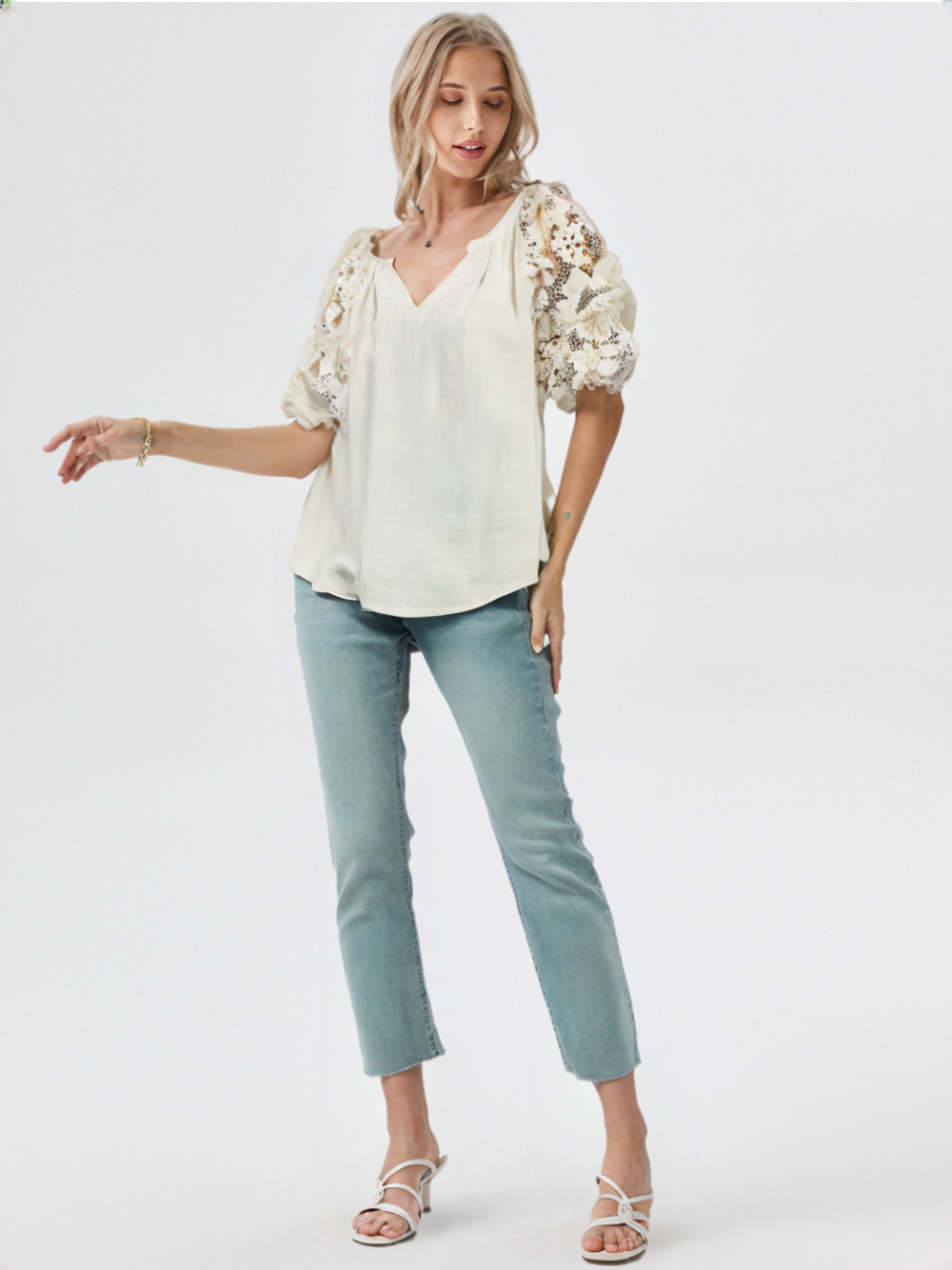 Umgee Full Size French Terry Boxy Cut Top with 3D Floral Sleeve Plus Size