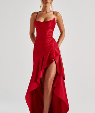 Women's Backless Ruffle Split Maxi Dress