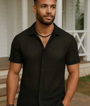 Fashion Solid Color Polo Collar Short Sleeve Mesh Shirt Men's Tops