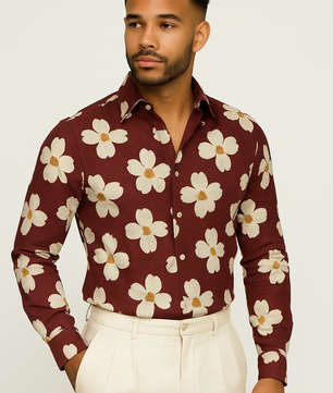 Retro Printed Cotton Long Sleeve Shirt