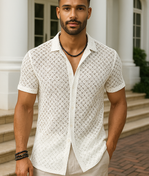 Fashion Solid Color Polo Collar Short Sleeve Mesh Shirt Men's Tops