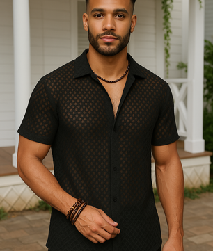Fashion Solid Color Polo Collar Short Sleeve Mesh Shirt Men's Tops